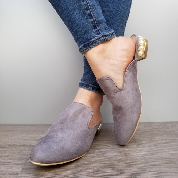 Suede Slip On Loafer Mule Pearl Accents on Heel-G - Picture 4 of 7